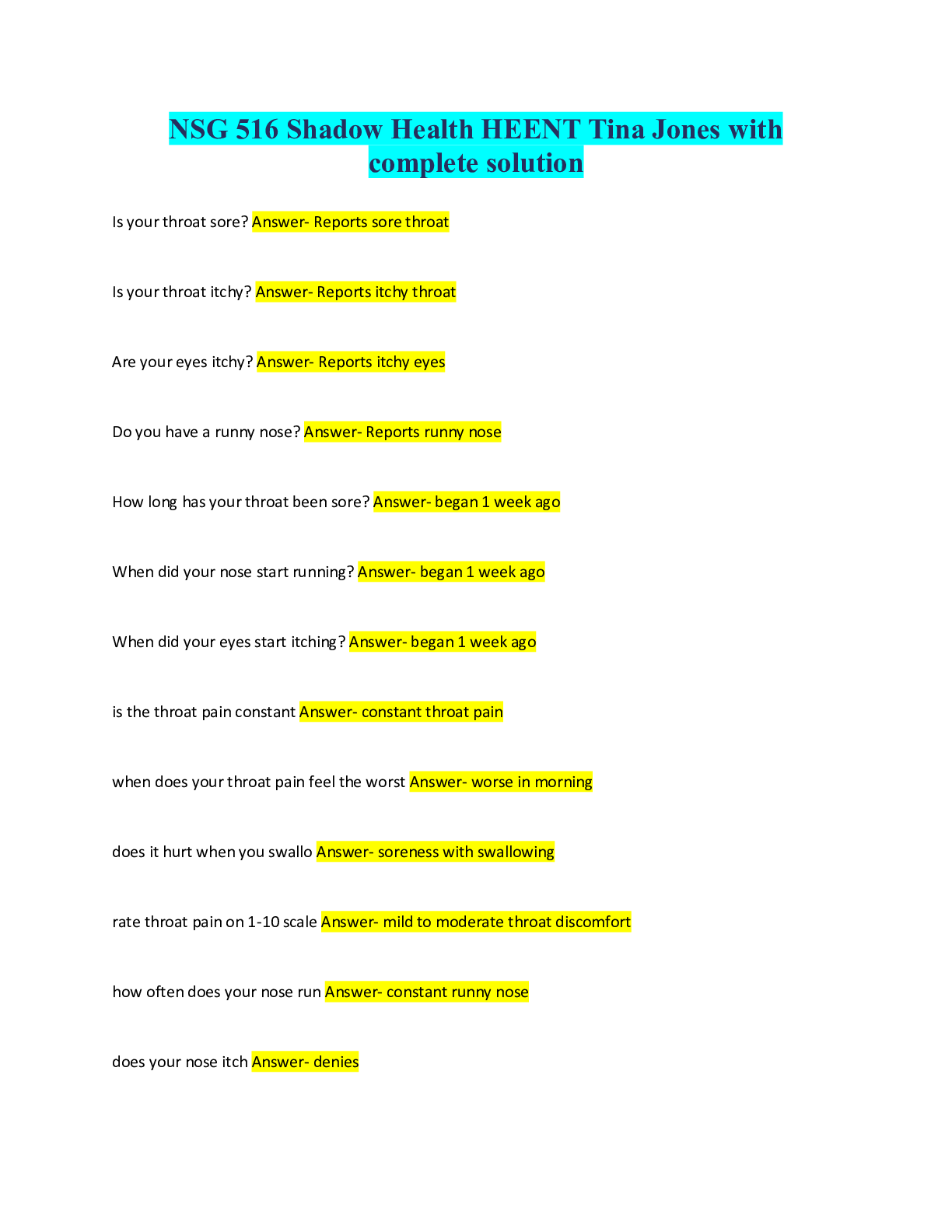 Preview image for NSG 516 Shadow Health HEENT Tina Jones with complete solution